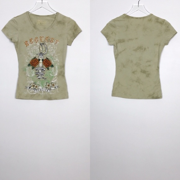 Tops - Request Jeans Camo Tee Shirt Crystals Appliqué S